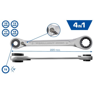 Brilliant Tools - 4 in 1, Doppel-Ratschenringschlüssel, 10 x 13, 17 x 19mm