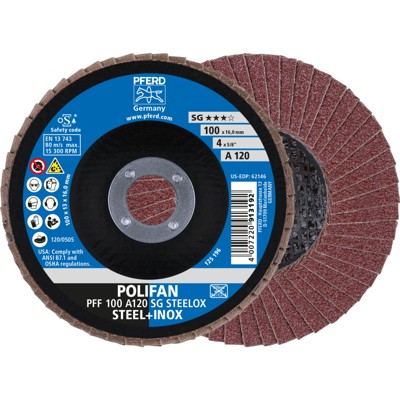 PFERD - POLIFAN Fächerscheibe PFF 100x16 mm flach A120 Leistungslinie SG STEELOX Stahl/Edelstahl