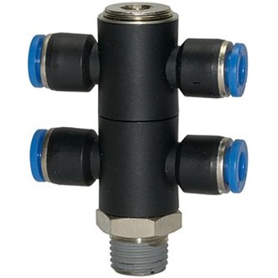 RIEGLER® - T-Mehrfachverteiler »Blaue Serie«, 4-fach drehbar, R 3/8" A Ø12mm
