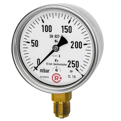 RIEGLER® - Kapselfedermanometer Edelstahl, G 1/4" radial unten, 0-100mbar, Ø63