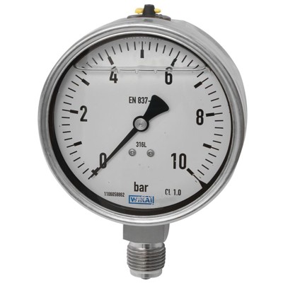 RIEGLER® - Glyzerinmanometer, Edelstahl, E-Skala, G 1/4" unten, -1/+5,0 bar, Ø 63