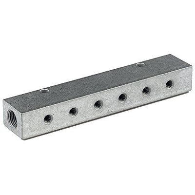 RIEGLER® - Verteilerleiste, Abgänge einseitig, Eingang 2x 1/8", Ausgang 6x M5